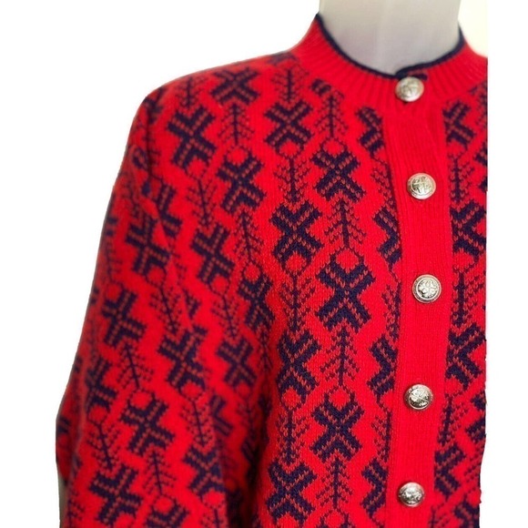 VINTAGE Fall River Wool Blend Cardigan Sweater Womens Medium Red Blue Snowflake - Picture 6 of 12